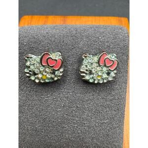Sanrio Hello Kitty Earrings Rhinestone Enamel Pink Bow Pierced Ears Cat Studs